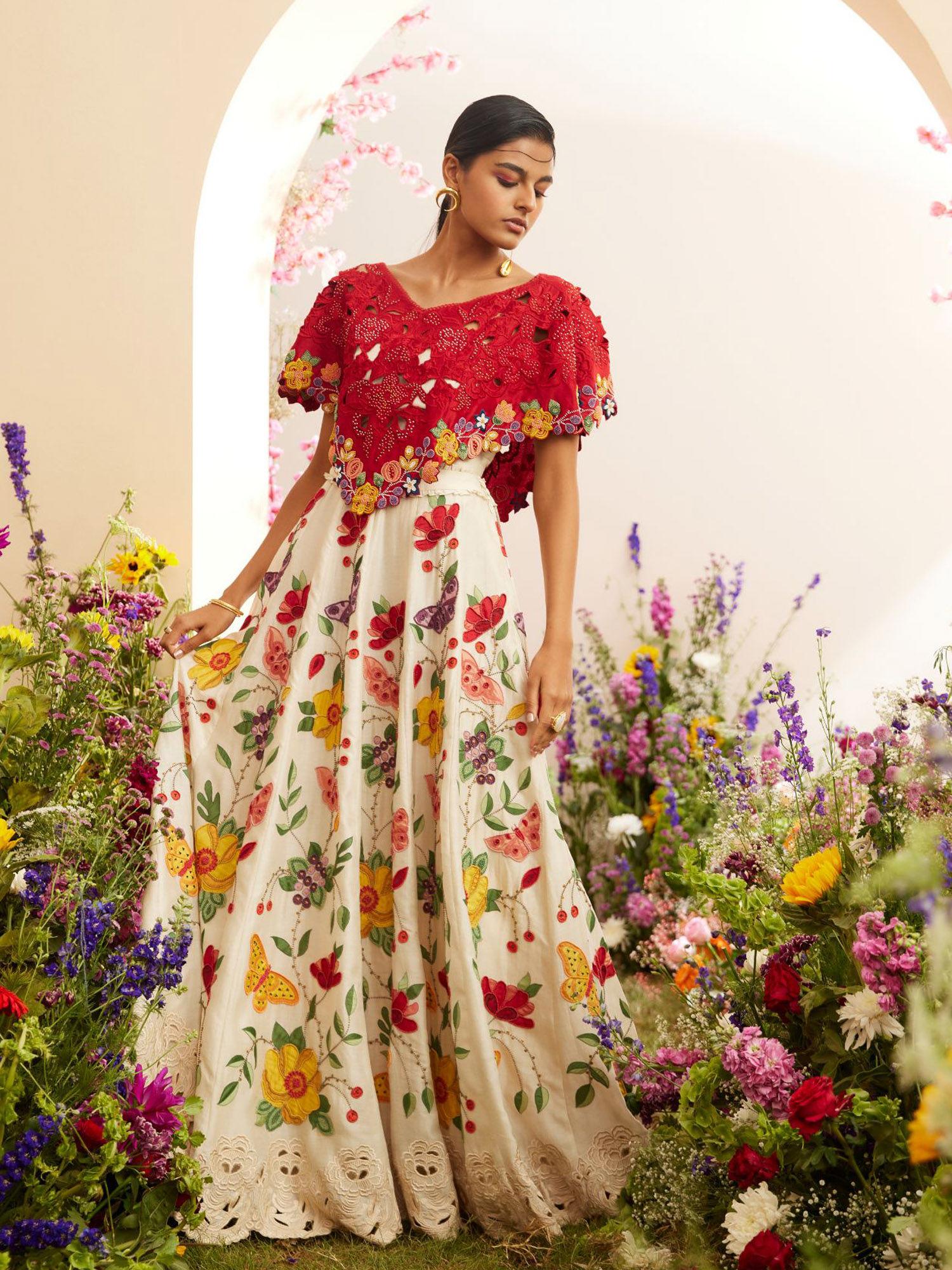 red cutwork & beadwork crop top