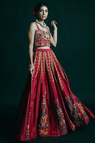 red cutwork embroidered lehenga