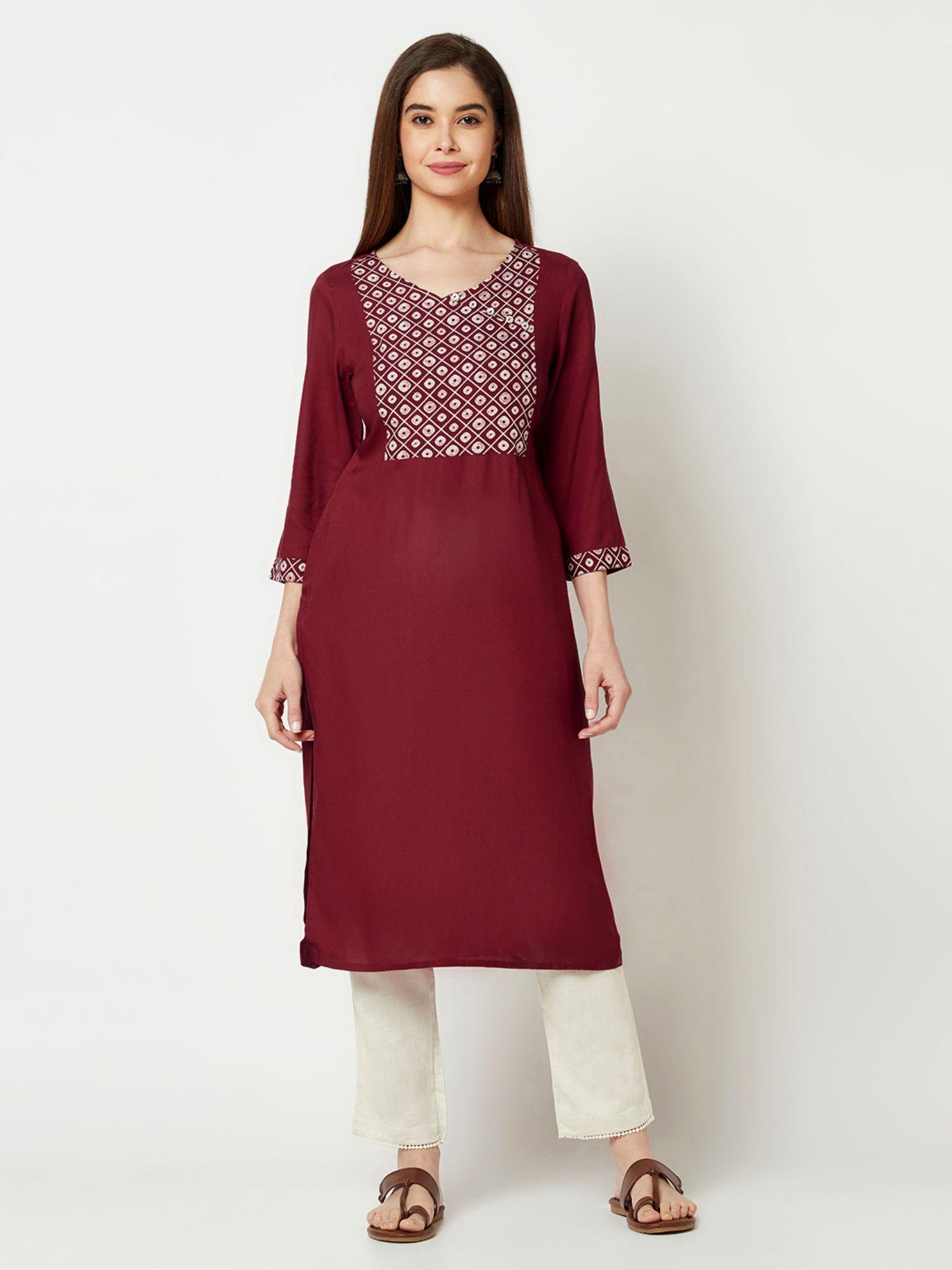 red daabu print straight kurta