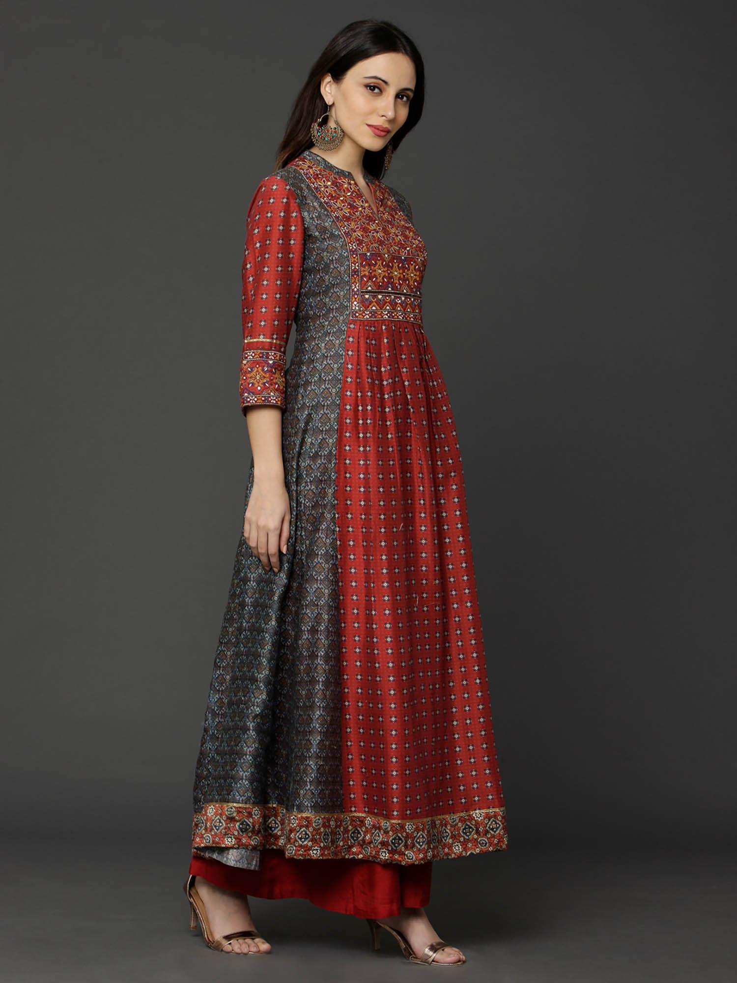 red digital printed embroidery kurta