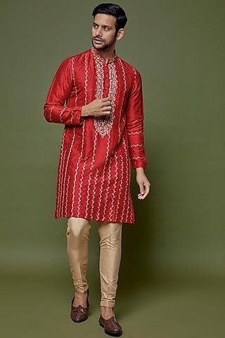 red dola silk embroidered kurta set