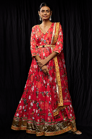 red dola silk printed & embroidered anarkali set