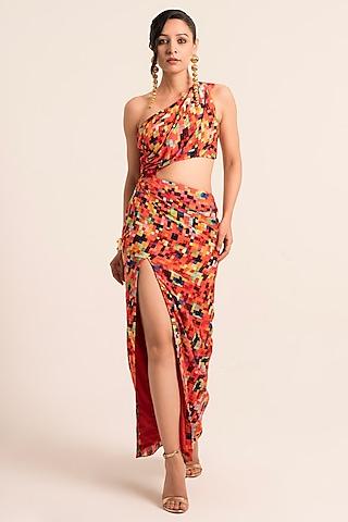 red dola silk printed one-shoulder dress