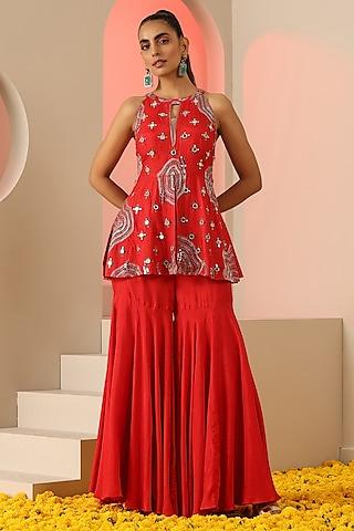 red dola silk sharara set for girls