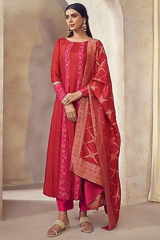 red dolla silk jacquard anarkali set