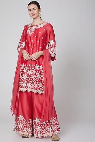 red dori embroidered kurta set