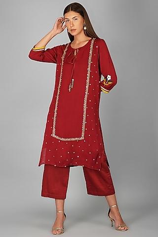 red double georgette embroidered tunic set