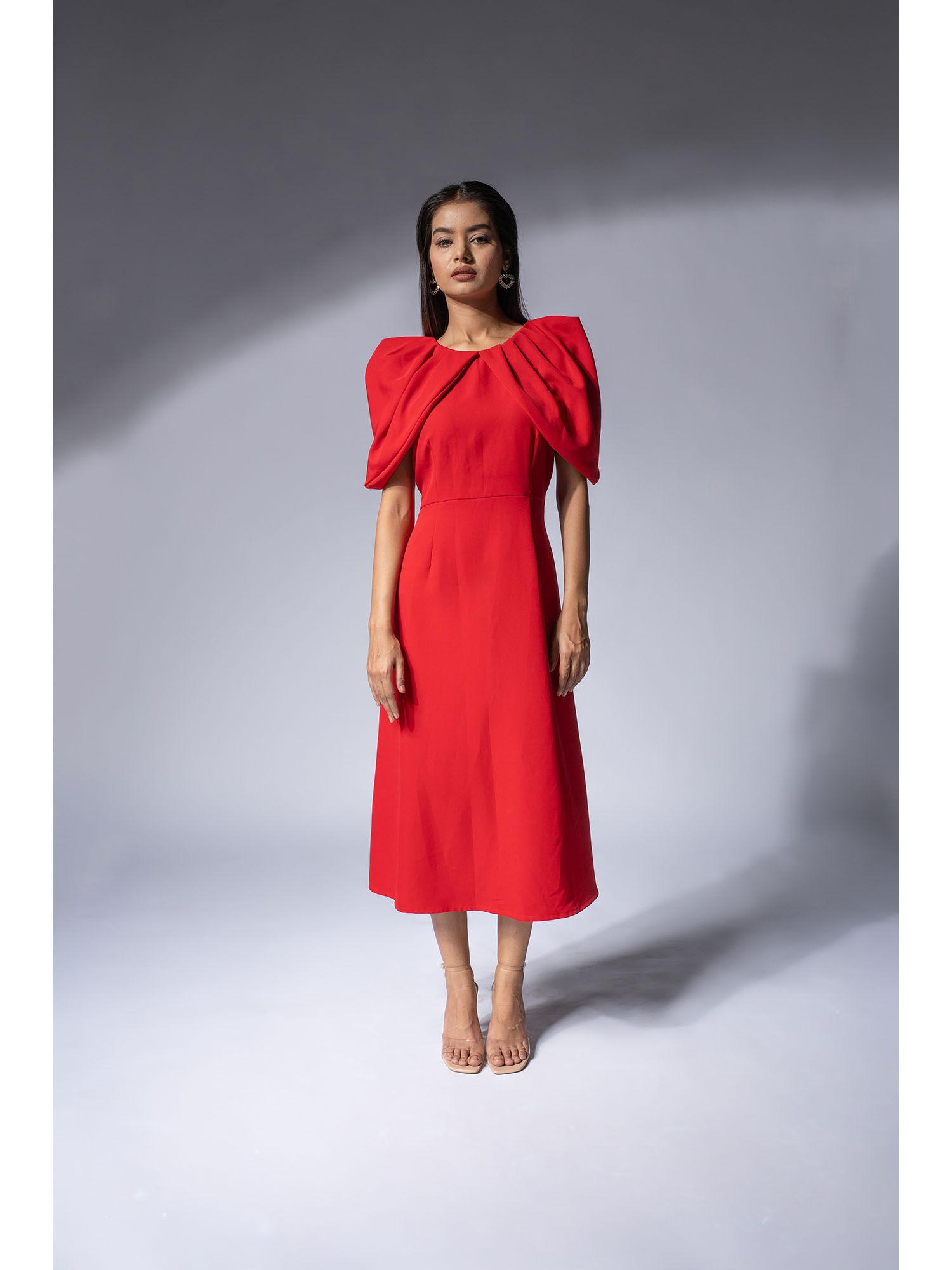 red dramatic pleated sleeve midi dress