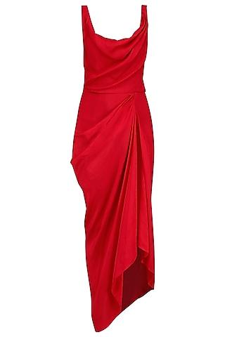 red drape dress with embroidered cape