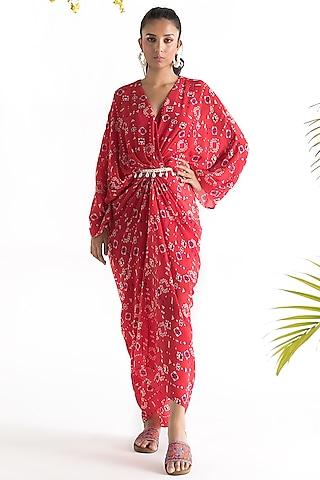 red draped & printed kaftan dress