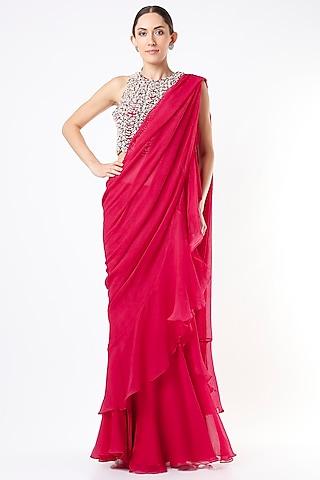 red draped saree set