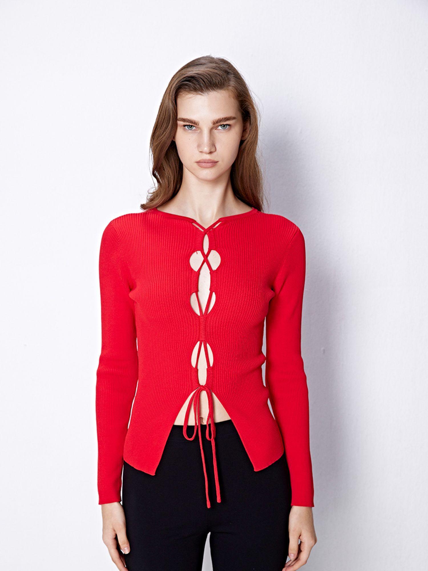 red drawstring detailing sweater