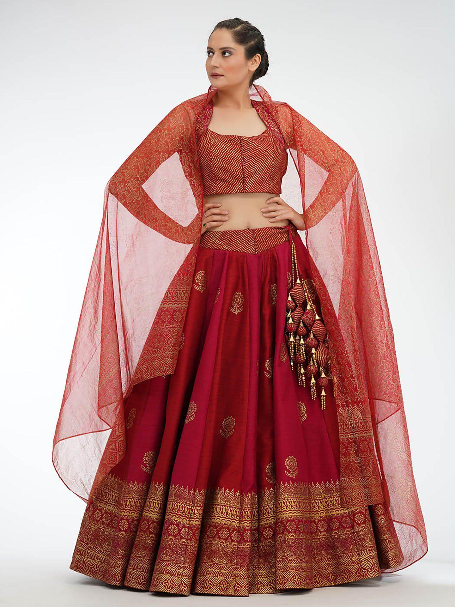 red dual tone silk lehenga (set of 3)