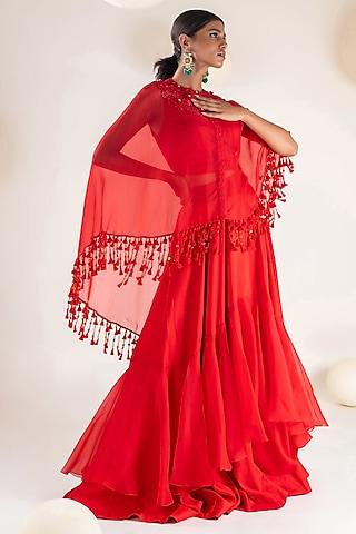 red dupion & organza floral embroidered cape set