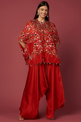 red dupion & silk embroidered cape set