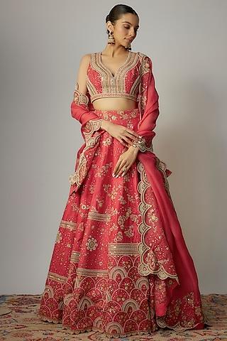 red dupion dori embroidered lehenga set