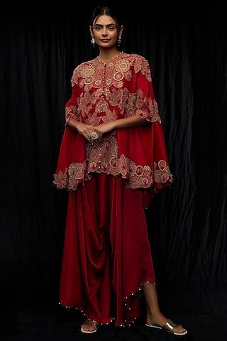 red dupion embroidered cape set