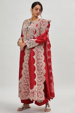 red dupion embroidered kurta set