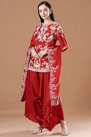 red dupion embroidered kurta set