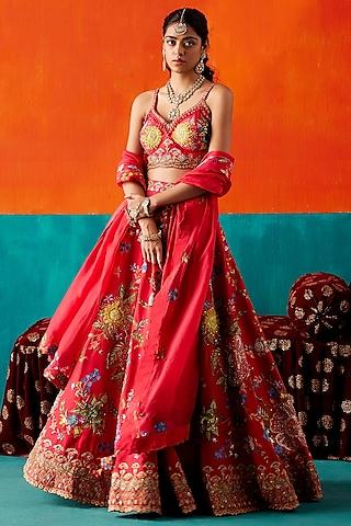 red dupion silk & organza floral embroidered lehenga set