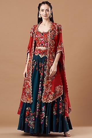 red dupion silk embroidered butterfly cape set