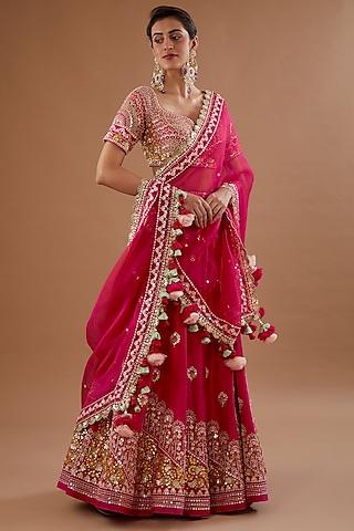 red dupion silk hand embroidered lehenga set