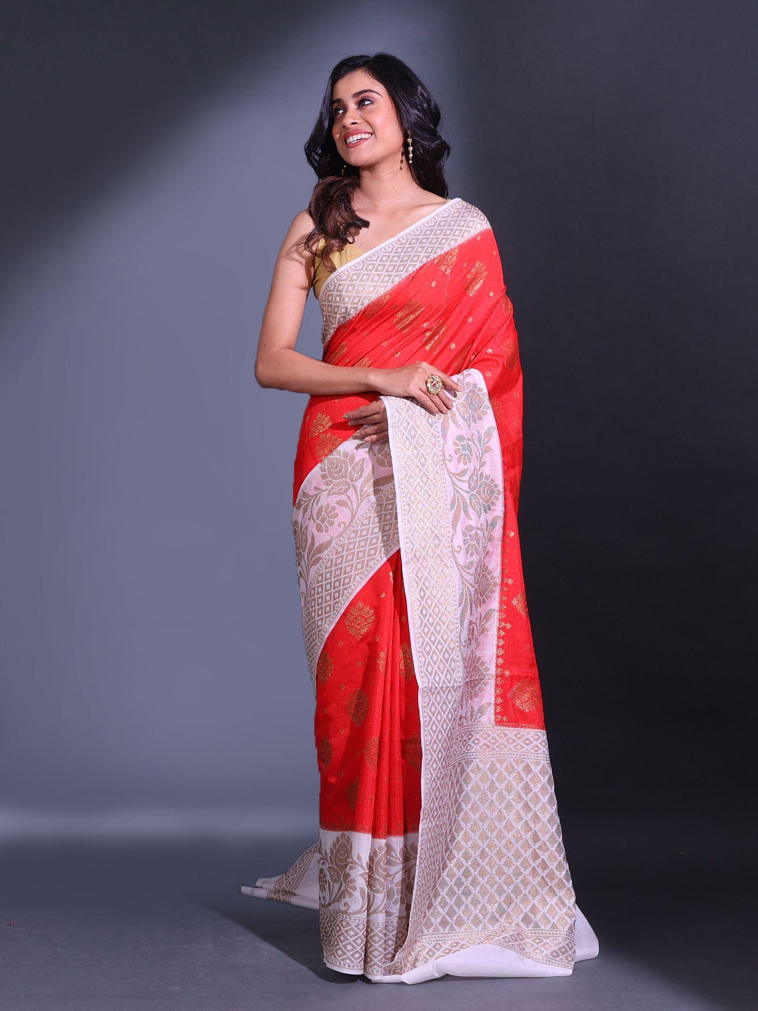 red dupion silk handwoven zari texture pattern saree with unstitched blouse