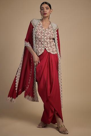 red dupion silver thread embroidered cape set