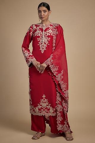 red dupion thread embroidered straight kurta set