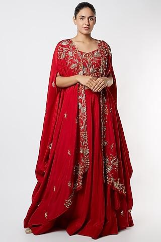 red embellished cape set