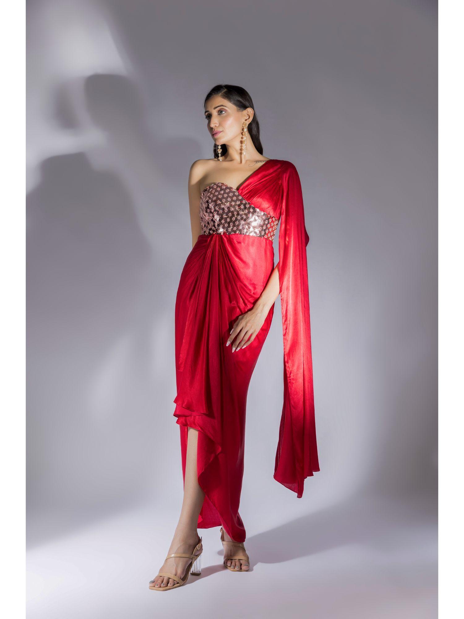 red embellished drape dress