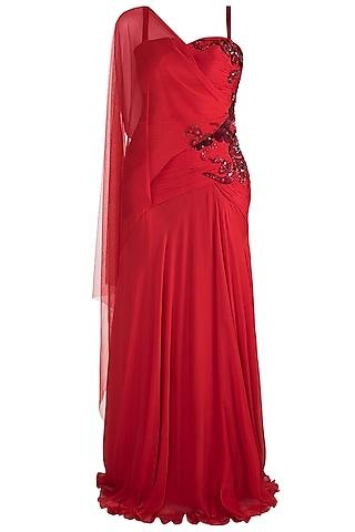 red embellished gown with drape