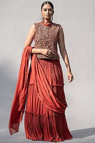 red embellished jacket saree set