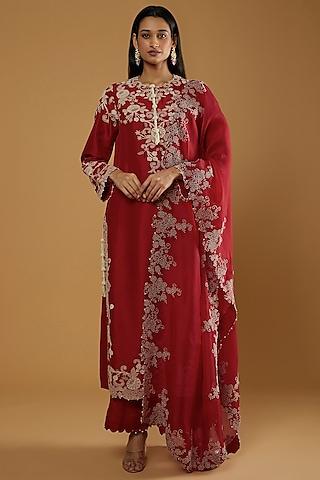 red embellished kurta set