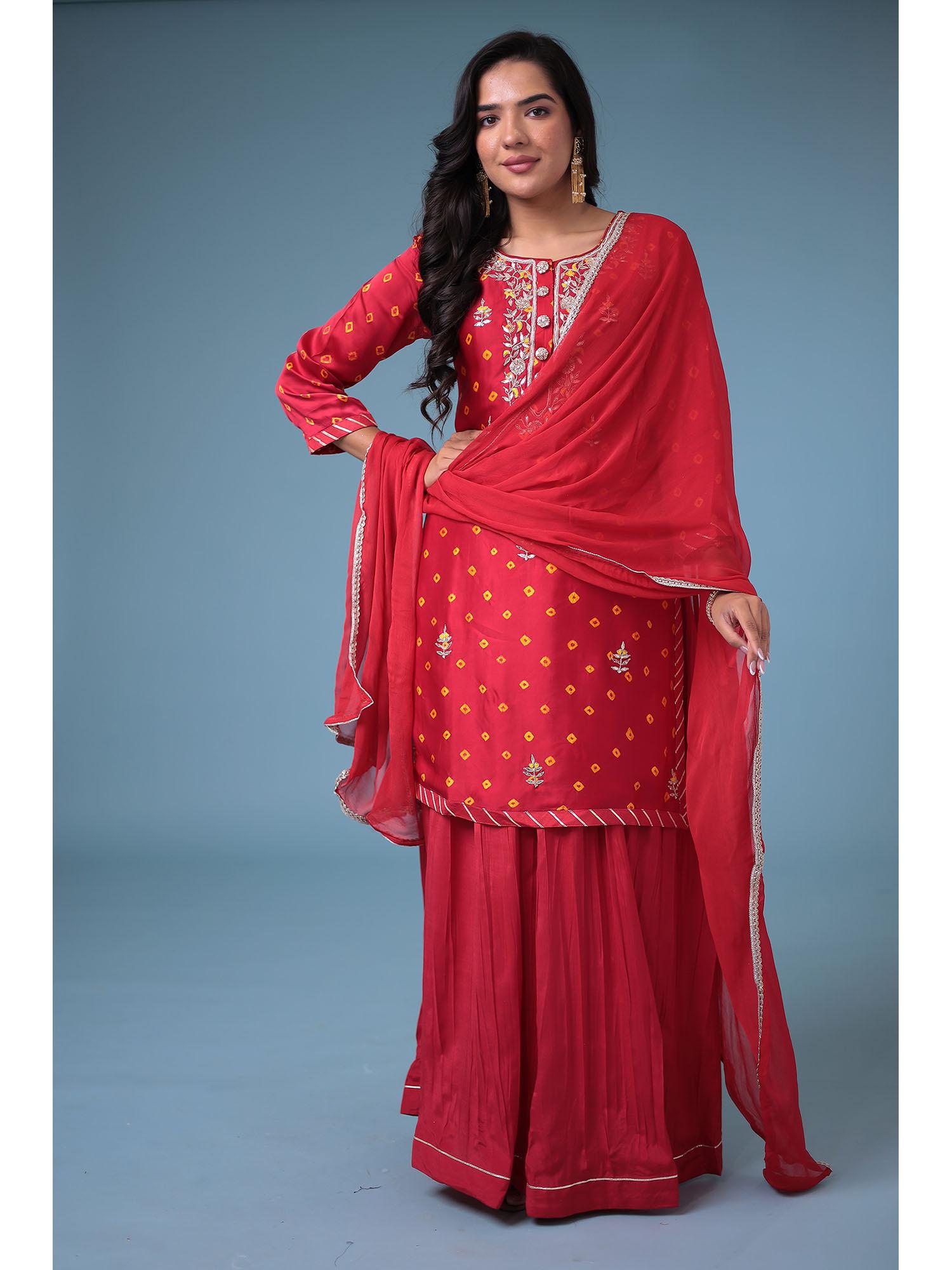 red embellished kurta with skirt & dupatta (set of 3)