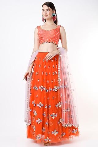 red embellished lehenga set