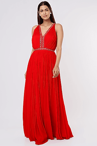 red embellished pleated gown