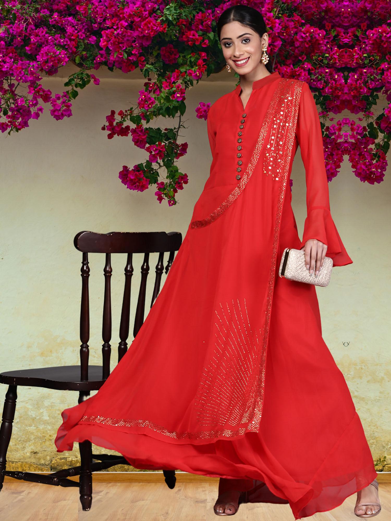 red embellished pre-draped dress with attached dupatta