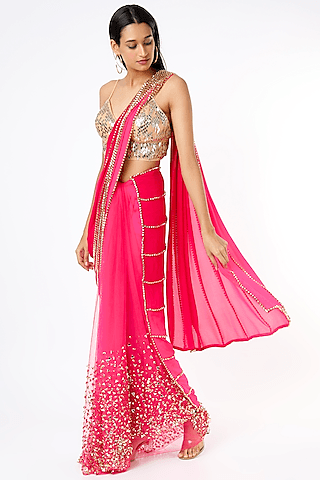 red embellished pre-stitched saree set