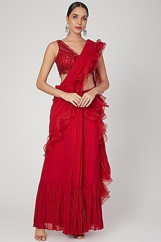 red embellished pre-stitched saree set