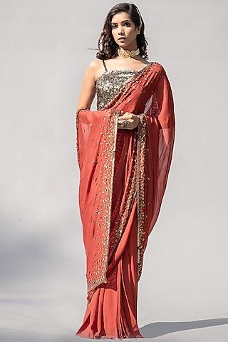 red embellished saree set