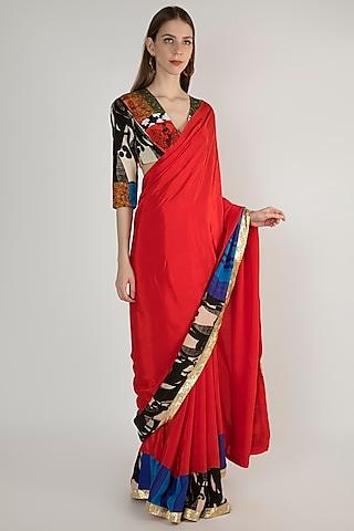 red embellished saree set