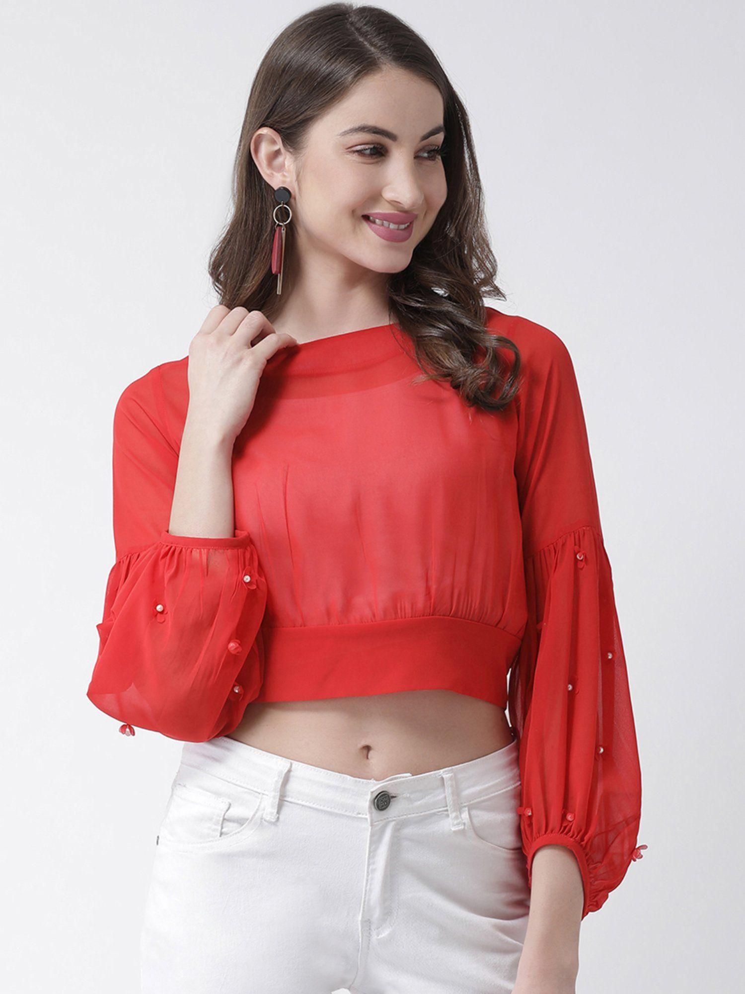 red embellished sleeves back tie up top