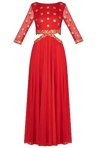 red embellished waist cut anarkali gown with dupatta