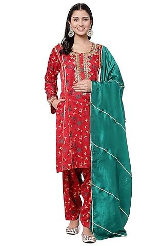 red embroidered & printed kurta set