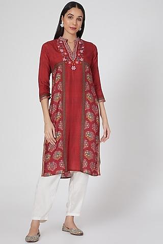 red embroidered & printed tunic