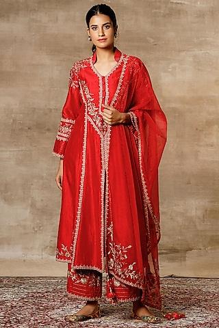 red embroidered a-line kurta set