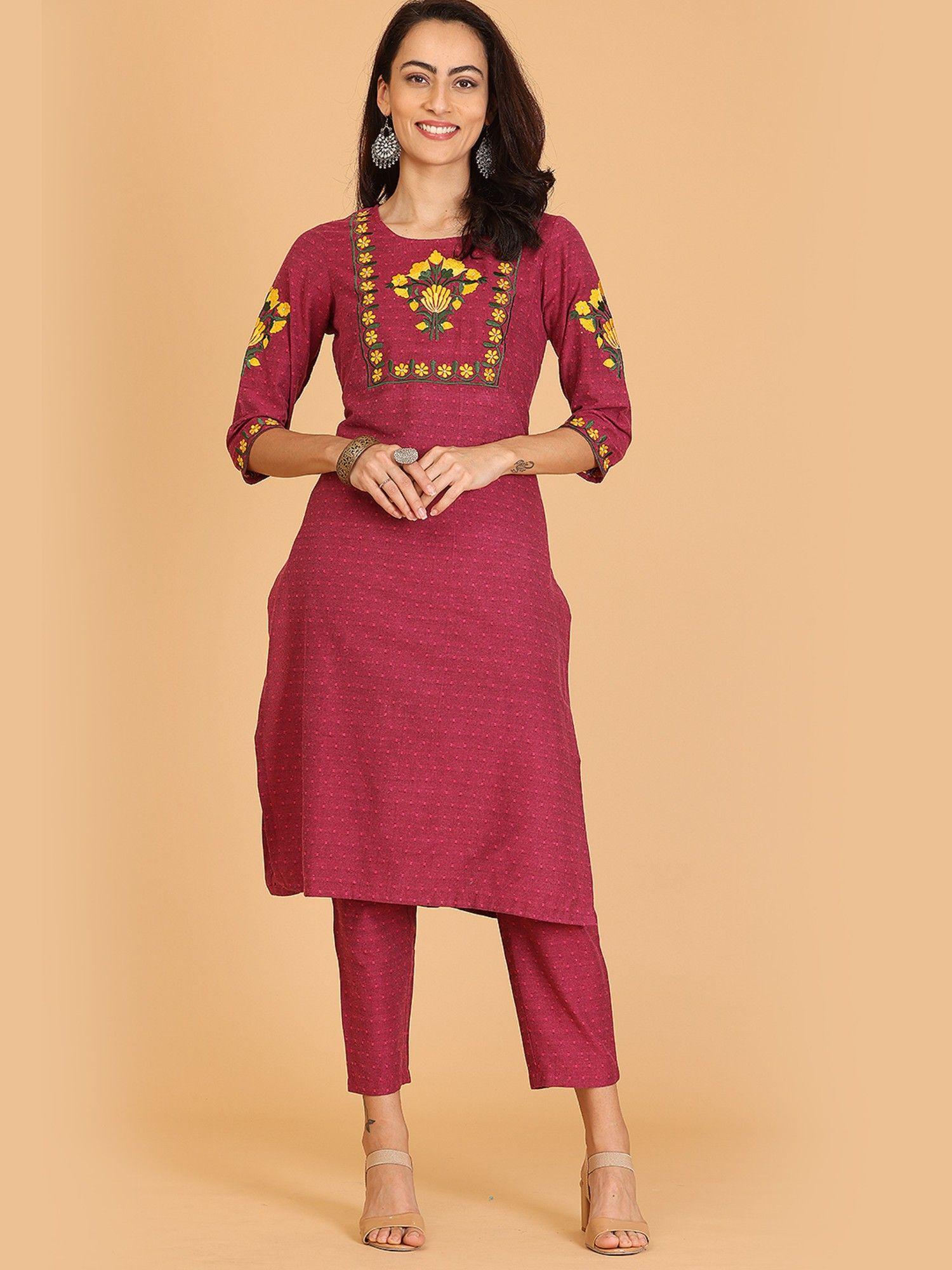 red embroidered a-line kurta with pant (set of 2)