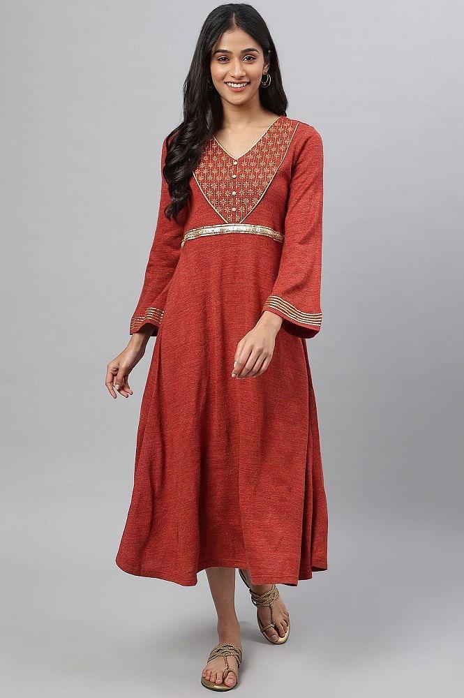 red embroidered a-line winter dress