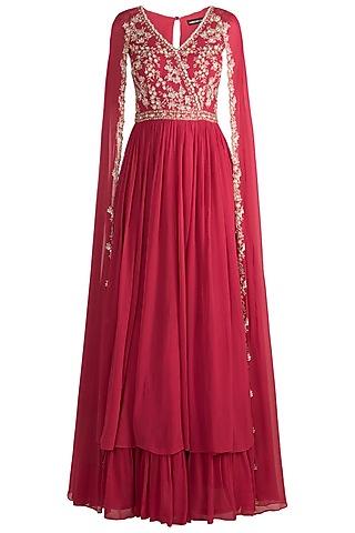 red embroidered anarkali gown with cape sleeves